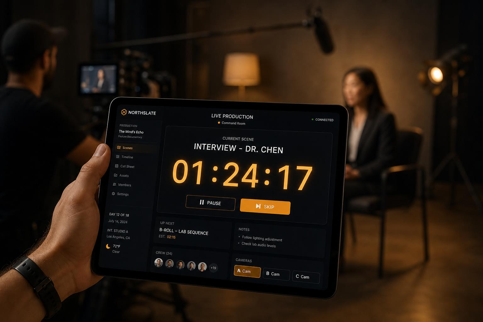 NorthSlate Live Production mode on a tablet held on a real film set, showing a live countdown timer and current scene.